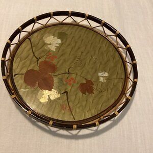 Vintage Japanese Lacquer Serving Tray Hand Painted Floral Woven Rattan MCM Decor